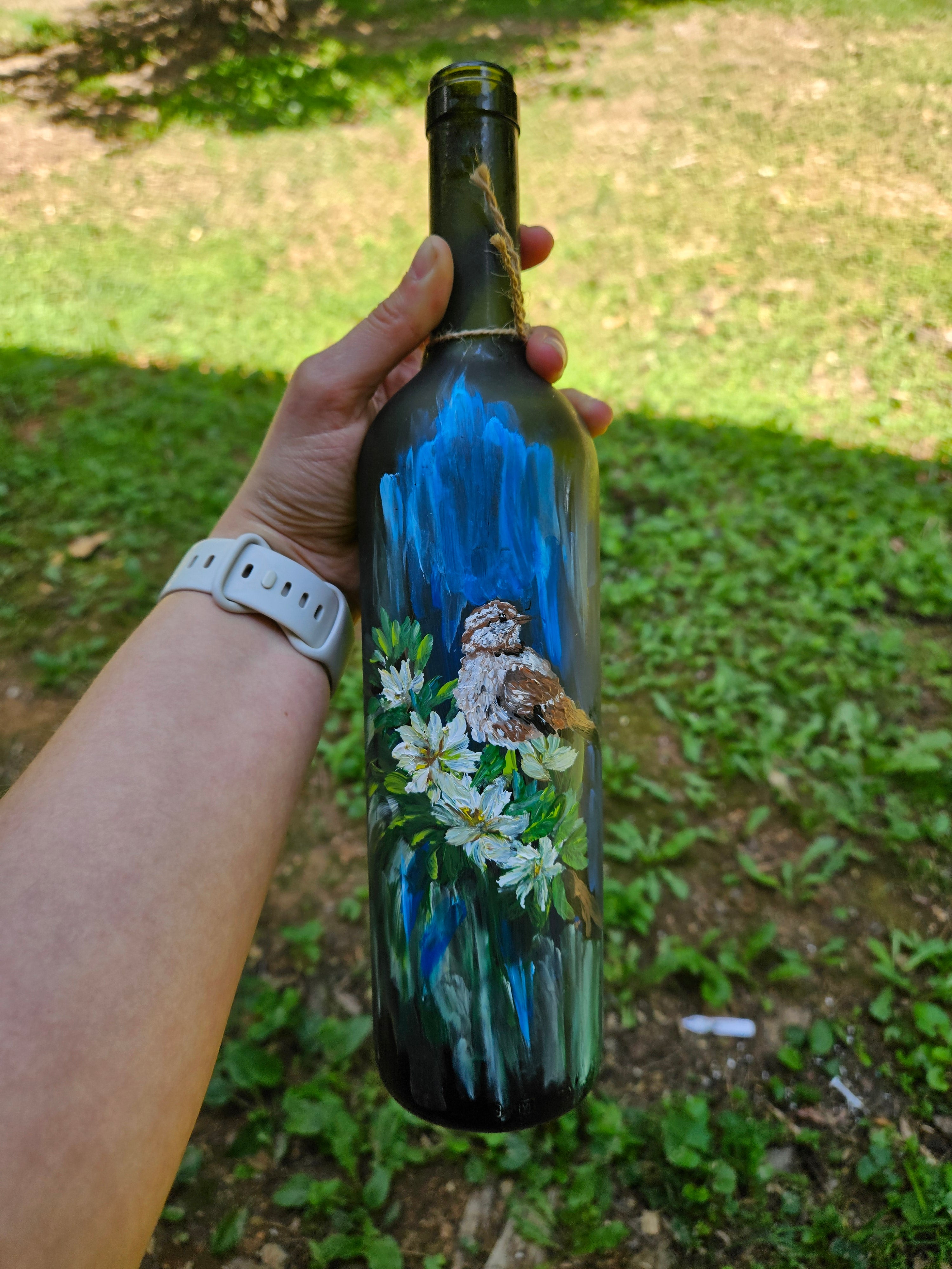 Hand painted Carolina Wren on wine bottle