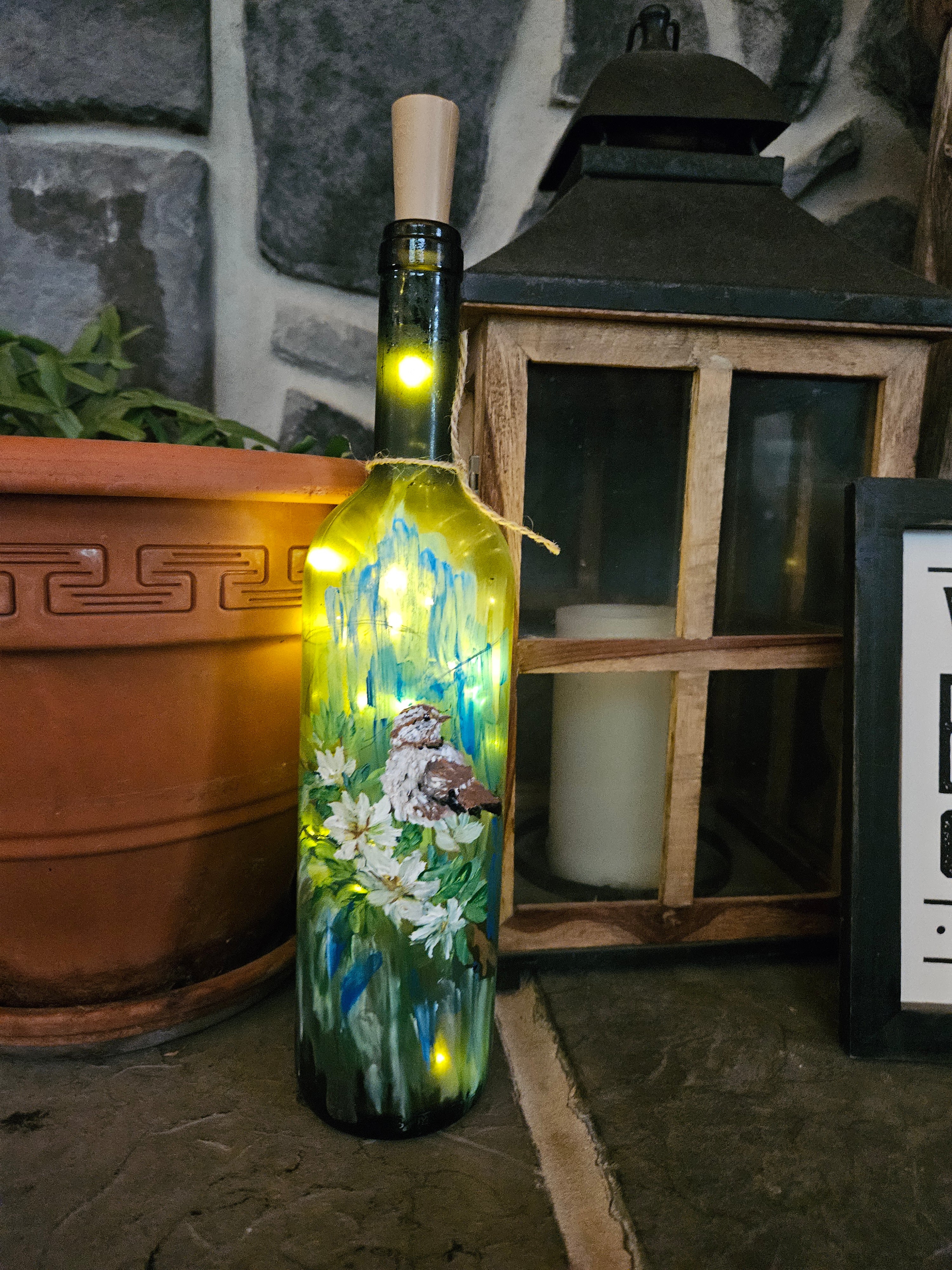 Hand painted Carolina Wren on wine bottle