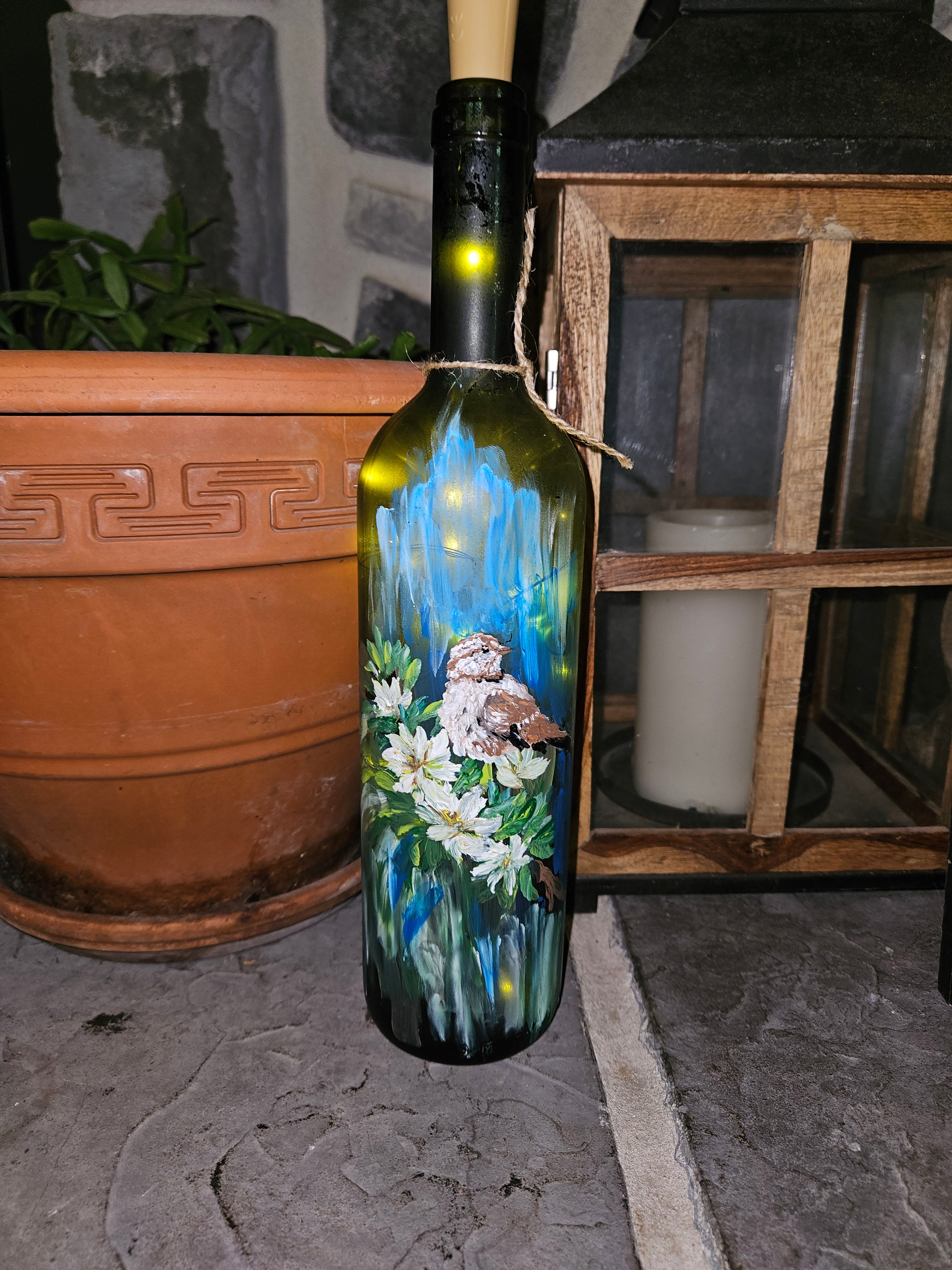 Hand painted Carolina Wren on wine bottle